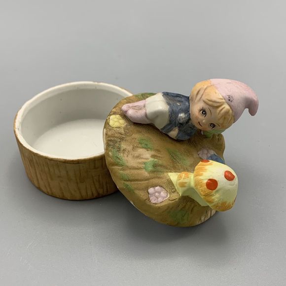 Homco Pixie Elf Bisque Porcelain Trinket Jewelry Box Lid Flowers Fairy Garden - Picture 1 of 15
